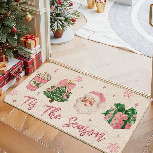 Pink Christmas Kitchen Rugs Set - Santa, Tree & Bow Holiday Floor Mats 17x27 & 17x47 inches