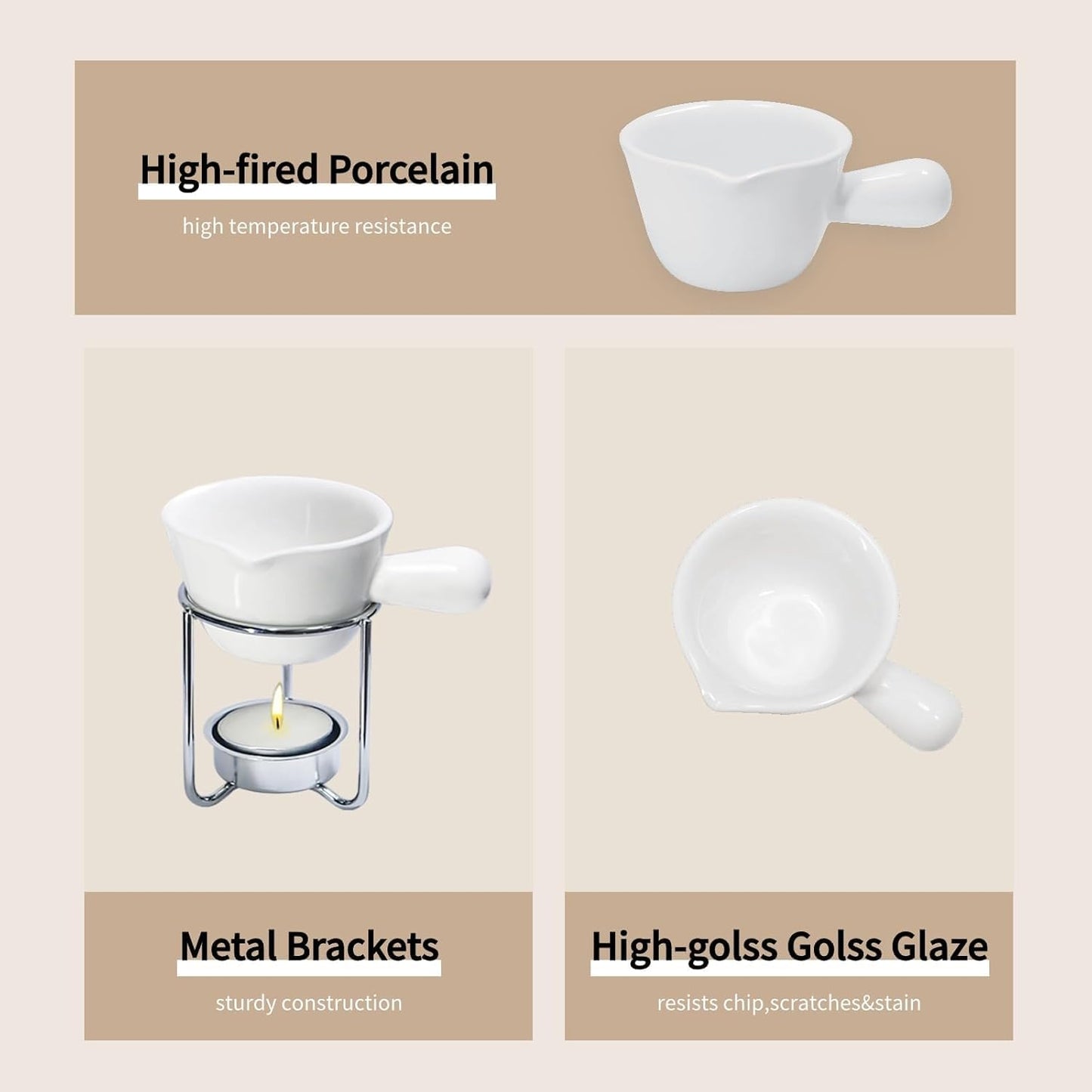 4Pcs Fondue Pot Set for Chocolate Butter Cheese, 5oz Butter Warmer for Seafood with 20 Tealight, Ceramic Bowl Oven Microware Dishwasher Safe,Perfect for family dip Fruit,Dessert,Snack