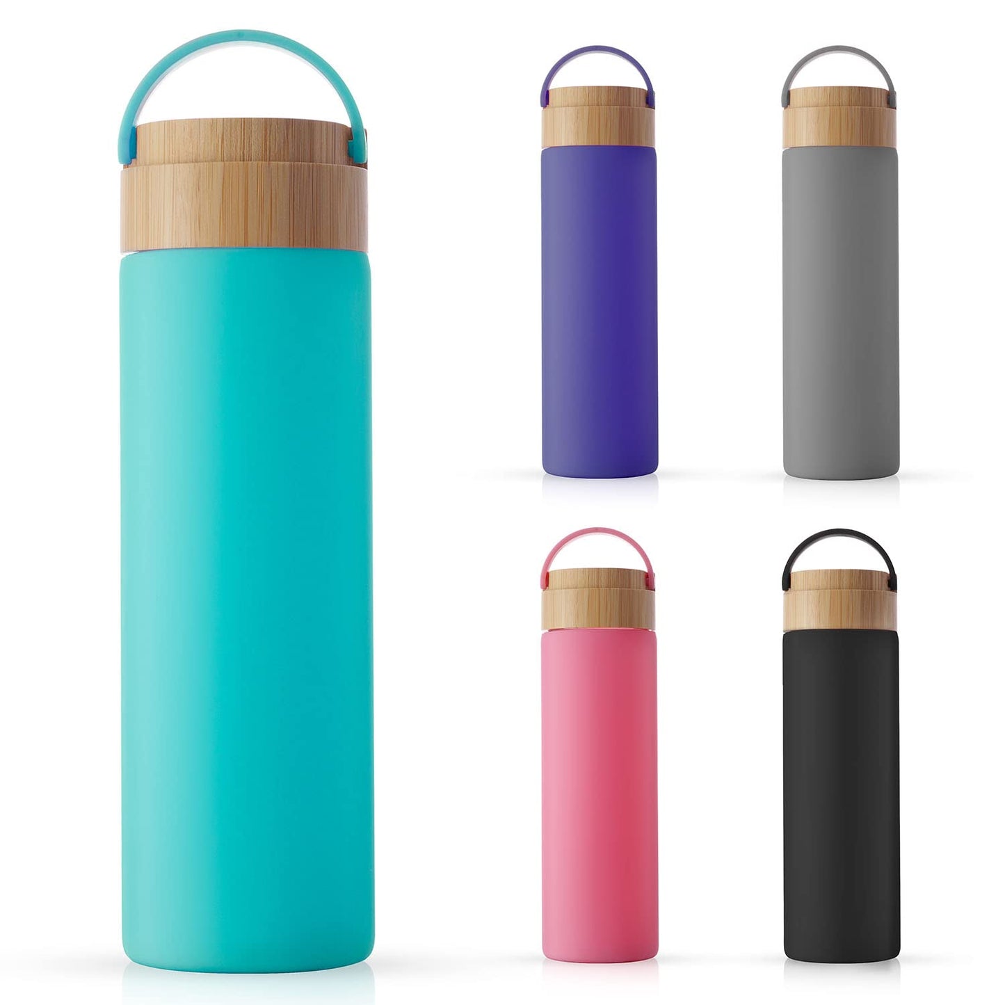 JoyJolt 20oz Borosilicate Glass Water Bottle with Strap, Silicone Sleeve and Lid (Turquoise). Reusable, Dishwasher Safe, Wide Mouth, Heat Resistant, Modern Eco-friendly Hydration