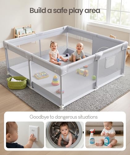 Fodoss Baby Playpen 47x47in with Door - Light Grey, Safe & Easy Setup
