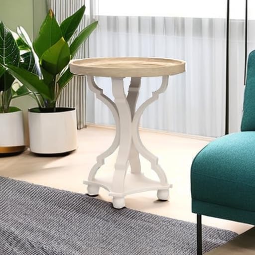 Farmhouse End Table - Round Tray Top Accent Table - White & Brown - 1 Pack