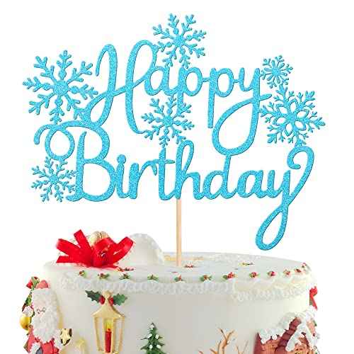 1 PCS Happy Birthday Snowflake Cake Topper Glitter Winter Frozen Snowflake Cake Pick Decoration for Winter Wonderland Baby Shower Kids Birthday Christmas Party Decorations Supplies Blue