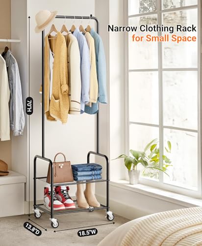 AOODA Small Black Rolling Clothes Rack with Shelves - 18.5" Portable Garment Rack