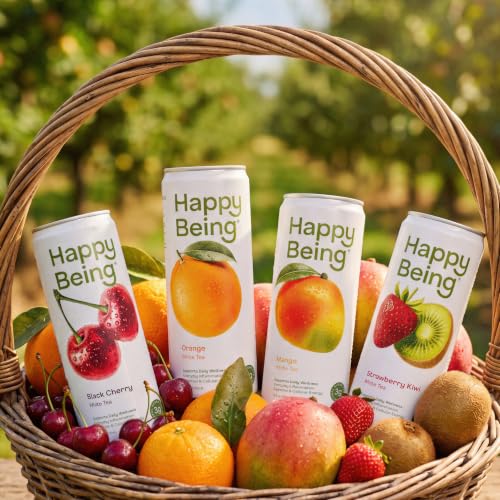 Happy Being Variety Orchard White Tea Pack - 16 Cans with 4 Flavors, Antioxidant Beverage