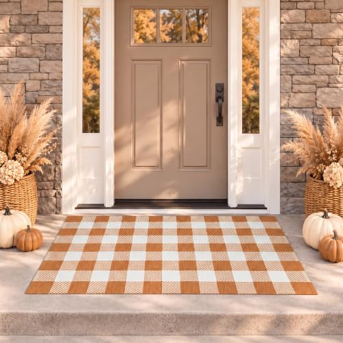 Fall Door Mat Caramel White Buffalo Plaid Rug 3x5 Layering Farmhouse Decor - Caramel & White