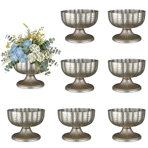 Retro Silver Vase Set of 8 for Centerpieces - Metal Pedestal Bowls for Flowers & Decor - Variation of Retro Silver / 8