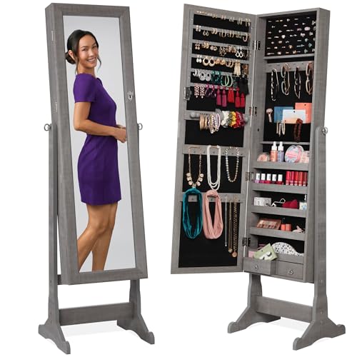 Gray Oak Jewelry Armoire Cabinet with Mirror, Lockable Makeup Storage & 5 Shelves