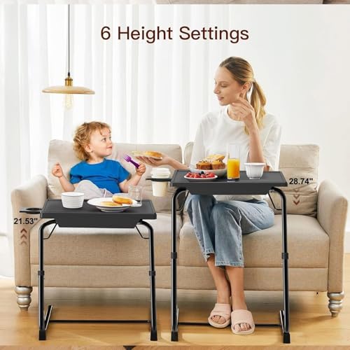HUANUO Adjustable TV Trays Set of 2 with Cupholder, Height & Tilt Adjustable, Black