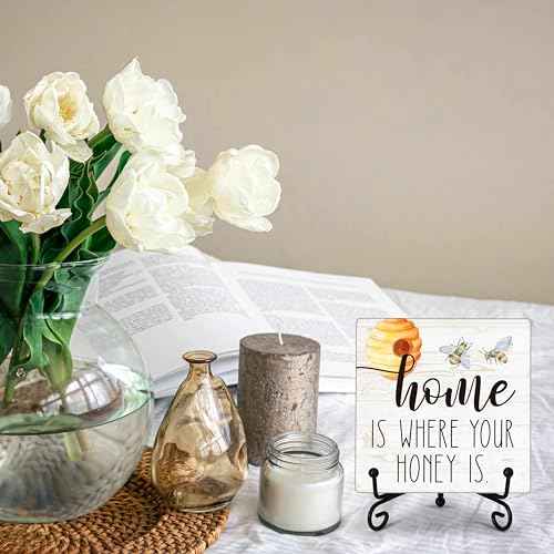 Honey Bee Decor Desk Sign, Home is Where Your Honey is Wood Sign, Wooden Plaque Sign With Iron Stand, Honey Bee Gifts for Bee Lovers, Bee Decorations for Farmhouse Home, Bee Kitchen Decor -80