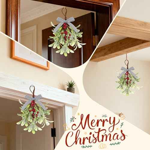 Mistletoe Christmas Decor, Artificial Hanging Mistletoe Picks with Plaid Bow Red Berries,Like Real Christmas Kissing Ball Ornaments for Kitchen Doorway Tree Decorations