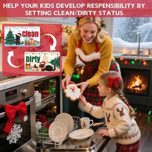 Dishwasher Magnet Clean Dirty Sign - Cosmisun Christmas Black Cat Clean Dirty Magnet for Dishwasher Xmas Cat Holiday Reversible Dish Washer Magnetic Sign Flip Indicator for Kitchen Home Decor