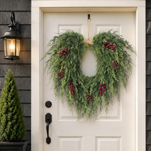 Heart-Shaped Artificial Cedar Wreath for Christmas Front Door Decor - 22 Inch