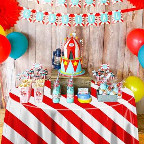 Red and White Stripe Tablecloths for Round Table, Carnival Theme Party Decorations, 84'' x 84'' Plastic Table Cover for Circus Party, Movie Night, Birthday, Christmas, Baby Shower, Wedding (3)