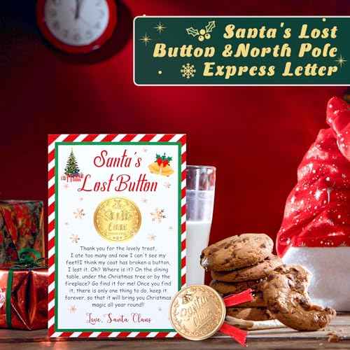 Daifunli Santa's Lost Button Set, Extra Large 1.38 Inch Diameter Alloy Santa Claus Missing Button with 3.9 x 5.91 Inch Express Letter and Red Thread Evidence Kit for Christmas Morning(Gold)
