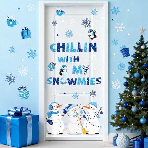 Winter Snowmen Door Sticker Set - 2 PVC Wall Decals 35.4 x 11.8 in, Blue Chillin With My Snowmies