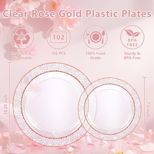 102PCS Rose Gold Plastic Plates Elegant Hammered for Weddings
