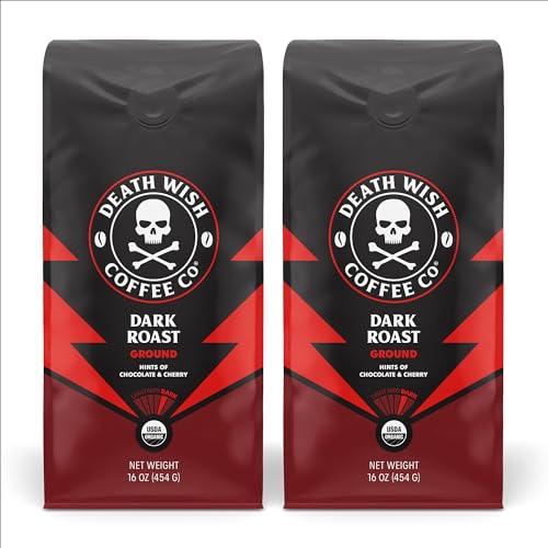 Death Wish Coffee Organic Dark Roast Ground Coffee 2 Pack - 16 oz Each, Bold & Fair Trade