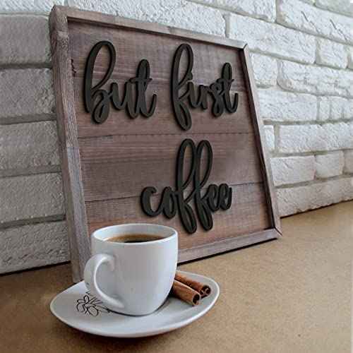 Huray Rayho Coffee Bar Kitchen Wall Decor Wood Signs But First Coffee Words Decorations for Home Decoration Art Kitchen Eating Area Breakfast Nook Cafe or Restaurants Diner, House Warming Gifts, Black