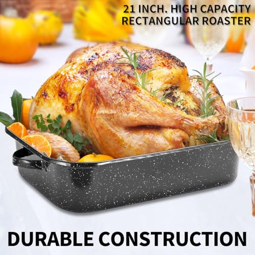QPMR 21-Inch Rectangular Roasting Pan with V-Shaped Rack & Lid, 25lb Capacity