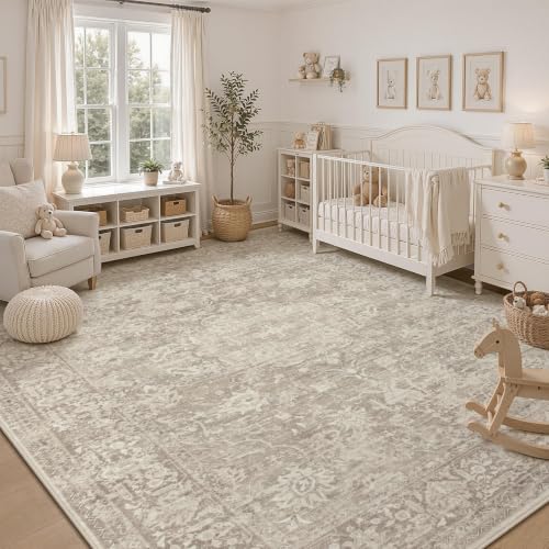 Brown 8x10 Area Rug for Living Room - Washable Floral Non-Slip Carpet