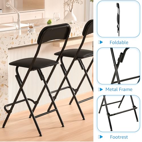 Veni Home 2-Pack Folding Bar Stools with Backrest, 25 Inch Leather Padded Counter Height Chairs, Black