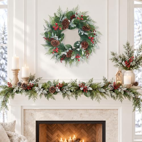 26" Large Christmas Wreath with Lights, Iced Red Berry & Pinecones