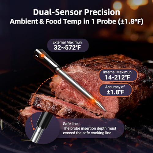 Wireless Digital Meat Thermometer with 4 Probes & IP67 Waterproof for Grill Oven Cooking