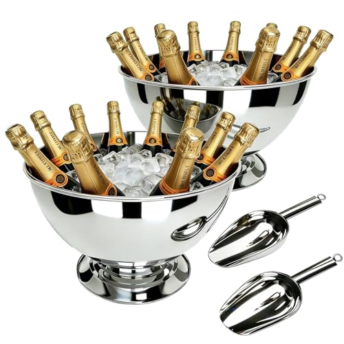 Silver 2-Pack Large Stainless Steel Champagne Buckets - 15.3" Ice Cooler with Detachable Base