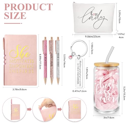 Pink Boss Appreciation Gift Set - 7Pcs for Female Leader, Includes Glass Cup, Makeup Bag, Notebook & Pens