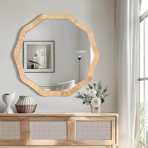 Decagonal Rattan Wicker Wall Mirror - 30 Inch Boho Wall Decor