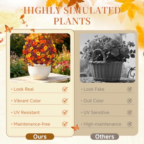 Artificial Fall Flowers with Ground Stake - 22 Inches Tall, UV Resistant Autumn Decor - Orange Yellow Brown Burgundy, 2 Pack