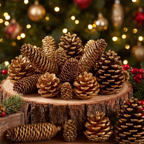 Janinka 24-Pack Gold Glitter Pine Cones - Multisize Christmas Ornaments