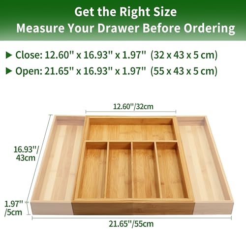 VaeFae Bamboo Drawer Organizer Large Natural - Expandable Silverware & Utensil Storage