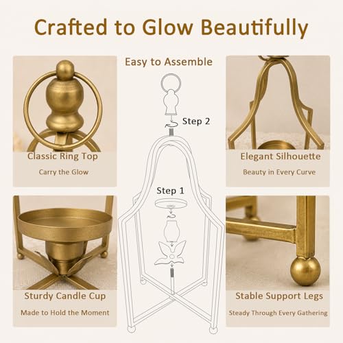 12.5 & 16.5 Inch Antique Gold Decorative Lanterns Set of 2 - Farmhouse Candle Holders