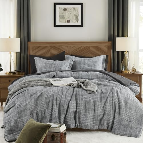 MaiRêve Oversized Queen Crinkle Texture Bedding Set 7 Pieces Charcoal Grey