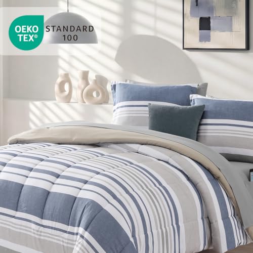 Ocean Blue Queen Comforter Set - 7 Pieces Striped Bedding in a Bag