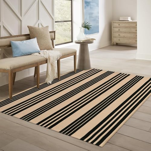 Outdoor Area Rug 4x6 ft Black and Tan Stripe Porch Decor - Tan/Black Variation
