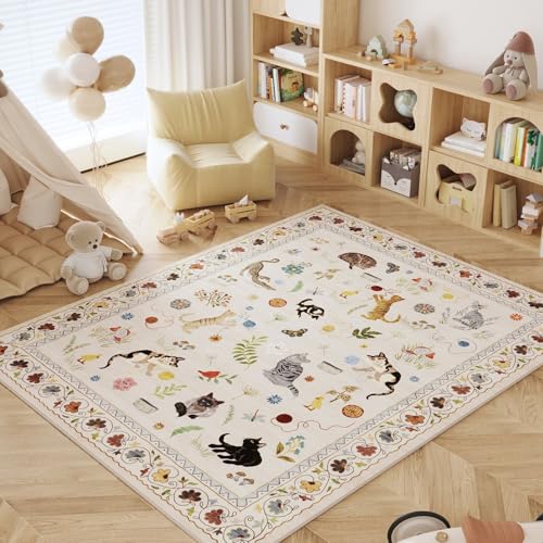 Large Washable Area Rug 8x10 Floral Animal Cat Design Non Slip Beige Variation of THIS listing