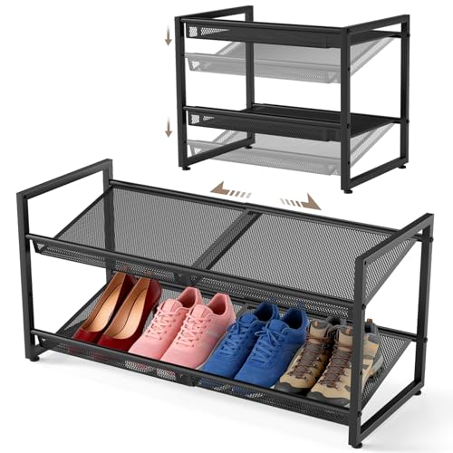 2-Tier Expandable Shoe Rack Organizer for Entryway & Closet – Adjustable, Durable Mesh for High Heels & Boots