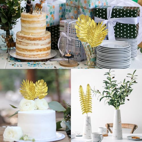 30Pcs 3 Kinds Artificial Golden Leaves with Stems Fake Gold Plants Foliage Stems Simulation Monstera Palm Leaves for Wedding Picks DIY Wreath Crafts Christmas Tree Filler Decors