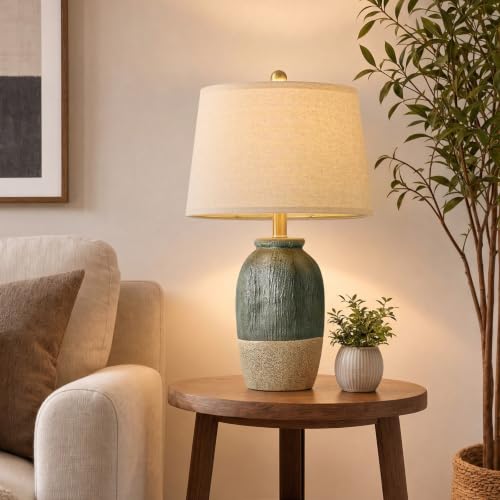 22.5-Inch Green & Earthy Yellow Ceramic Table Lamp for Bedroom & Living Room - Boho Nightstand Light - Handmade