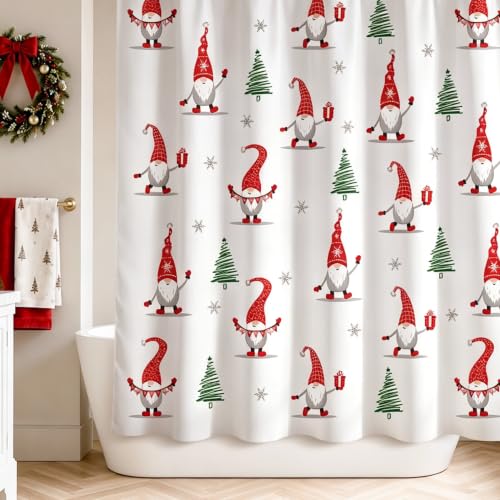Sunlit Christmas Shower Curtain, Red Gnome Elf Doll and Xmas Trees