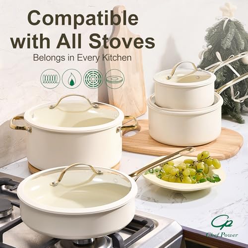 Ceramic Frying Pan Set 5 Pieces - Non-Stick Skillet with Cream White & Light Gold Handles