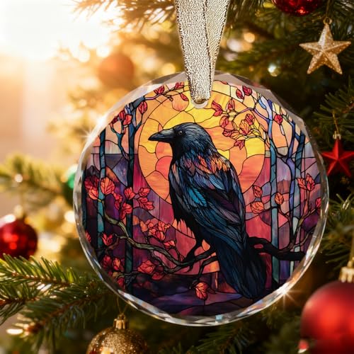 BitKan Gothic Crow Ornament for Christmas Tree (Bird004) – Raven Stained Glass Ceramic Holiday Decoration