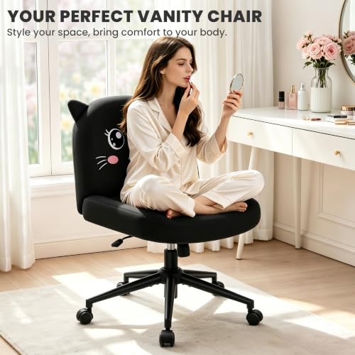 ALLGOD Black Cat Shape Armless Vanity Chair with Soft Fabric, Playful Office Desk Seat