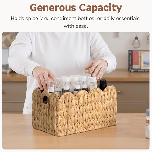 Large Water Hyacinth Basket with Scalloped Edges - Natural Wicker Storage Basket 13 x 8.25 x 7 inches