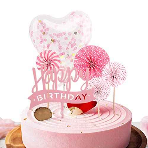 Pink Cupcake Topper with Paper Fans, Confetti Balloon, Christmas Birthday Cake Supplies (6 pieces)