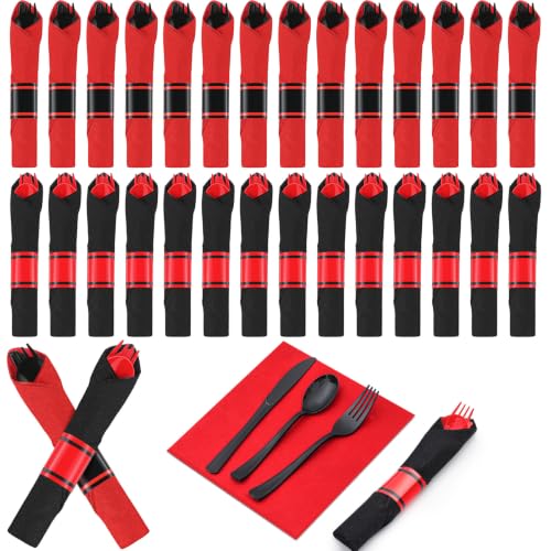 Black and Red Halloween Pre-Rolled Silverware Sets - 30 Disposable Forks, Knives, Spoons & Napkins