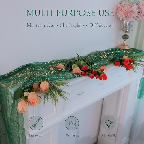 Green and Gold 10Ft Metallic Table Runner - Sheer Gauze Decor, Snowkingdom