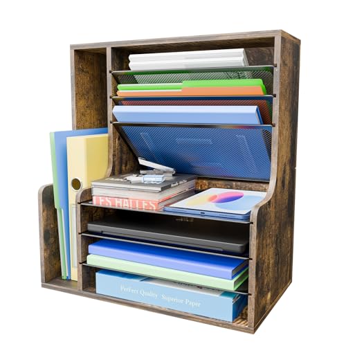 Simple Trending 7-Tier Wooden Desk File Organizer with Side File Holder - Rustic Brown
